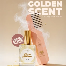 - What the product is: A skincare kit titled “Golden Scent” featuring a perfume bottle labeled glow potion and a pink, brush-shaped package included in the set.
- Apparent audience and styling: Appears designed for adults (unisex or women-leaning) based on sleek glass bottle, soft pastel tones, and elegant packaging; presented as a premium, glow-boosting skincare routine.
- Notable attributes visible: Clear glass bottle with gold cap and label reading “glow potion. 50 ml”; soft pink brush-like box with a black-and-gold brush graphic; beige/gold background; “LIMITED STOCK AVAILABLE” badge. The overall style is luxe, warm-toned, and minimal.