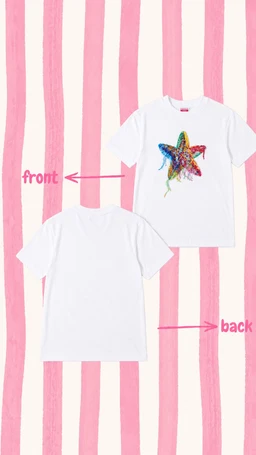 - What the product is: A white short-sleeve T-shirt with a colorful, star-shaped graphic on the front.
- Apparent audience: Unisex (adult-sized cut appears standard with neutral styling; model-less photo focuses on the shirt, suitable for men or women depending on size).
- Notable attributes: Clean white cotton-look fabric, pastel pink vertical stripe backdrop for presentation, star graphic on the front in multiple colors; simple back view shown to indicate plain back. No visible branding.