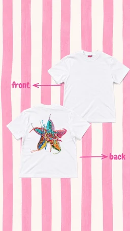 This is a plain white short-sleeve T-shirt with a colorful starfish graphic on the front. The back view shows a clean white back with no visible print, indicating a simple, unadorned rear. The design uses bright, multi-color detailing on the starfish, suggesting a casual, ocean-themed style likely aimed at a unisex or youth audience. Material appears to be lightweight cotton or cotton-blend, with a standard crew neck and relaxed fit. The shirt is presented on a white background; visible styling is minimal beyond the graphic.