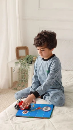Product appears to be a children’s pajama set. The photo shows a young boy wearing a light blue/gray, long-sleeve top and matching pants with dark cuffs, sitting on a bed and playing with a small toy. The visible material looks soft and cotton-like with a subtle pattern; the style is cozy loungewear/pajama set for nightwear or relaxed daytime wear. The dominant color is light blue with darker accents; the overall look is gender-neutral to slightly leaning toward boys' sleepwear based on styling.