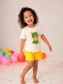 A cheerful children’s pajama outfit featuring a short-sleeve white T-shirt with a pineapple-hula character graphic and bright yellow shorts. Audience: girls (judging by the model’s age and styling). Notable attributes: light, soft cotton-like fabric; cream/white top with a colorful tropical print; solid sunny yellow shorts; casual, playful summer loungewear style. No branding visible.