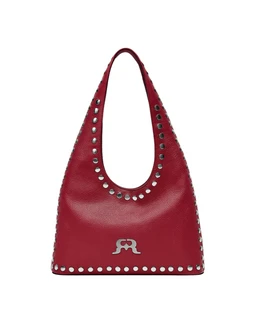 A red handbag with a curved, open-top handle and a slouchy hobo silhouette. The bag features silver-toned studded studs along the outer edges and a row of hardware at the base, giving a bold, edgy look. Material appears to be pebbled leather or faux leather, with a matte red finish and a small metallic logo accent on the front. Audience: women's. Notable attributes: red color, studded edge detailing, hobo shape, silver hardware.
