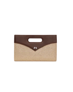 - What it is: A small woven straw clutch with a brown faux-leather flap and a built-in handle cutout.  
- Audience and style: Unisex-leaning to women’s casual/evening; compact, minimalist palm-size design suitable for summer outings.  
- Visible materials and features: Natural straw body with a brown leather-like flap, decorative stitching at the flap edge, and a small metallic logo accent on the front. Color palette is natural beige straw with dark brown trim.