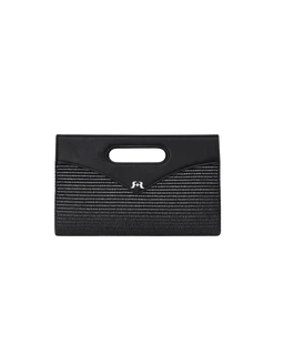 This is a compact women's clutch with a structured, envelope-style silhouette. The model presents a black, textured body with a small cut-out handle at the top, giving it a sleek, evening-ready look; a subtle metallic accent adds a touch of shine. Visible materials appear to be a combination of smooth faux leather on the flap and a beaded, shimmering fabric or knit texture across the body.