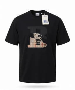 - What it is: A black short-sleeve T-shirt with a large graphic on the front. The graphic features a prominent letter design and a layered pattern with a figure and text elements over a striped block.

- Intended audience: Unisex or men's style judging by the cut and sizing (classic crew neck and relaxed fit).

- Notable attributes: Black cotton fabric; bold graphic in light beige/cream tones with a t-shirt-sized label tag attached at the neck; graphic combines a large letter motif with a Polo-style rider design and striped pattern element for a graphic-forward, logo-inspired look.