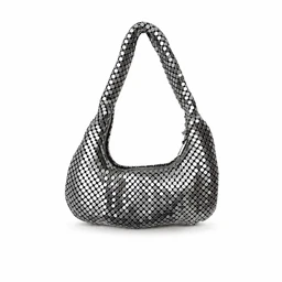 A small to medium hobo-style handbag covered in metallic sequins, giving a shimmering, mirror-like surface. It features a single, short shoulder strap for hand- or elbow-carry and a curved, crescent-shaped body with a structured yet soft silhouette. Visible materials include sequins over a fabric base in silver/gray tones, with a monochrome metallic finish and a sparkly, festive look. Intended audience appears unisex or women’s based on the style and size.