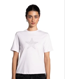 - A white short-sleeve T-shirt with a centered dotted star graphic on the chest.
- Intended for a unisex or casual audience based on fit and styling; model appears female, so likely marketed toward women or unisex.
- Visible attributes: white cotton-looking fabric, crew neckline, relaxed/slightly boxy fit, star motif composed of small dots in light grey. No visible branding.