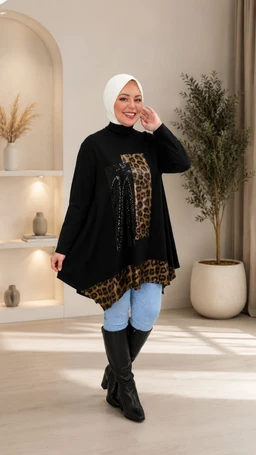- A loose, long-sleeve winter blouse with a black base and a central leopard-print panel paired with a decorative bow tie. The fit is oversized and flowy, designed for modest styling, worn over light blue jeans and black knee-high boots, with a white hijab. The visible materials suggest a soft knit fabric; color palette is black, brown leopard print, and neutral tones. Intended for women.
