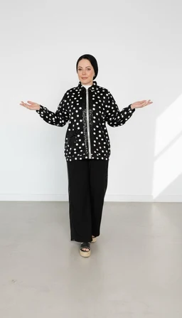 - A black hooded jacket with white polka dots, shown open over a layered outfit; paired with wide-leg black pants and light-colored sneakers. The model wears a black hijab, suggesting a modest, street-style look.
- Intended audience: women's (unisex styling cues but the model is female and styling appears feminine).
- Notable attributes visible: black fabric with white polka dots, zip closure, long sleeves, relaxed fit, white/light sneakers, and wide-leg black trousers. Material appears lightweight and casual/utility-inspired. Style: casual, modern outerwear with a polka dot pattern.