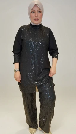- Product: A black ceremony/party blouse and matching wide-leg pants set with a sparkling sequin finish. The top is a loose-fit tunic with long sleeves, a high neckline, and subtle shimmering details; the pants are full-length with a coordinated sequined texture.
- Audience and styling cues: Appears designed for women, suited for formal or festive events; comes with a hijab styling shown, indicating modest, elegant dressing.
- Notable materials and attributes: Black sequined fabric creating a glittery, glossy look; set includes a tunic top and wide-leg trousers with a relaxed, comfortable silhouette.