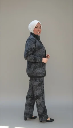 A matching two-piece tracksuit in black and gray camouflage pattern. It’s modeled by a woman, suggesting female/munisex audience; the set includes a zip-front jacket and full-length pants with a relaxed fit, paired with a light-colored headscarf. The fabric appears soft and fleece-like with a heathered, mottled texture, giving a casual sporty style.