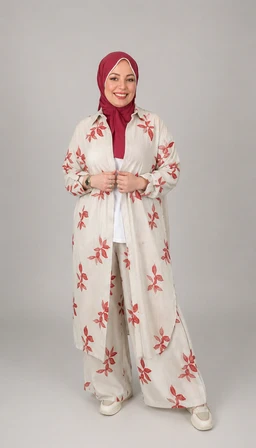- Product: A long, open-front autumnal robe or abaya with a floral print. It is shown worn over a matching inner outfit, featuring wide-leg pants and a tunic/cardigan style robe.
- Target audience: Women (unambiguous from the model and styling: hijab, feminine cut, and floral design).
- Notable attributes: Light, cream/off-white base fabric with pink-red floral embroidery or print. Loose, flowing silhouette with long sleeves, full-length outer layer, and a coordinated headscarf in a contrasting reddish tone. The material appears lightweight and suitable for fall.
