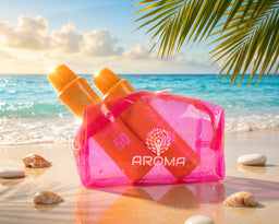 - What the product is: A pink transparent reusable pouch containing two small sunscreen bottles with yellow/orange caps, shown on a sunny beach scene.
- Intended audience: Unisex (summery beach accessory suitable for any gender; styling suggests adults or older teens).
- Notable attributes: Bright pink plastic pouch with a white tree-like logo; orange-yellow sunscreen bottles; pool/beach backdrop with sand, seashells, and blue ocean; summer, travel, and sun-protection vibe.