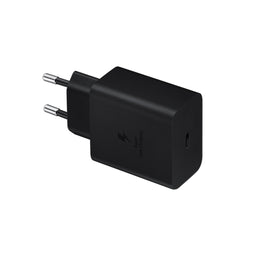 - A compact, black wall charger/adapter with a two-pin European plug and a single USB-C port. The visible side shows a smooth matte finish with a small instance of branding or symbol near the USB-C port. The overall look is minimalist and modern, suggesting compatibility for charging devices with USB-C. Intended audience appears unisex, suitable for general consumers seeking a 45W USB-C charger. Notable attributes: black color, compact rectangular block, dual-prong plug, USB-C output.