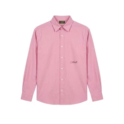 A pink oxford shirt with a classic button-down front and collar. The styling appears tailored for men, with a slightly relaxed fit and long sleeves; a small embroidered script logo sits on the left chest. Visible features include white buttons, a subtle heathered texture, and a crisp, semi-formal shirt in a bright pink hue.