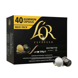 This is a box of L’Or Ristretto coffee capsules, labeled as a maxi pack containing 40 aluminum capsules. The visible design is black and gold with bold “40” and “MAXI PACK” cues, suggesting a coffee-focused product for espresso use. The capsules appear in two colors (gold and dark) and the packaging highlights ristretto intensity and a 28 g total weight, targeting espresso drinkers.