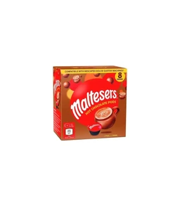 This is a box of Maltesers hot chocolate pods designed for Dolce Gusto machines, containing 8 capsules. The target audience appears to be adults who enjoy coffee or hot chocolate drinks, with a playful, chocolate-drip styling on the brown and red packaging. Notable attributes visible: chocolate-brown color scheme, round Maltesers imagery, and a compact rectangular box indicating compatibility with Dolce Gusto machines.