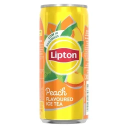 A tall, slim aluminum can of Lipton Peach Flavoured Ice Tea, with a bright yellow-orange label and a peeled citrus slice graphic. The design suggests a refreshing, fruit-flavored beverage intended for general adult or casual consumption; the visible text highlights “Peach Flavoured Ice Tea” and “Low in calories.” Notable attributes include the peach flavor, light amber liquid appearance implied by the label, and a modern, summery color scheme (yellow, orange, green).