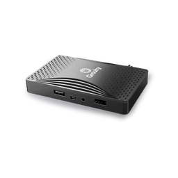 A small black satellite receiver box with a curved, patterned top and cooling vent holes. It appears targeted at general home entertainment users (unisex), sized compactly for a media setup, with visible USB ports and HDMI-style connectors on the front edge. Notable features visible include a satin black finish, dotted vent pattern, and brand-style logo on the top surface.