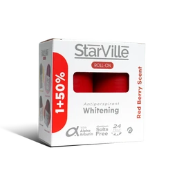 - A small white box packaging labeled StarVille with a red “ROLL-ON” window showing the red roll-on ball. The product appears to be a whitening antiperspirant roll-on with Red Berry Scent, promopack.
- Target audience: unisex (visuals show a neutral box and single roll-on ball; no gender-specific styling). Notable attributes: red colour of the roll-on ball, red berry scent, “Whitening” and “Antiperspirant” with 24h protection cues, includes 1+50% package text. Material/style: compact cardboard box, modern typography, small window for product visibility.