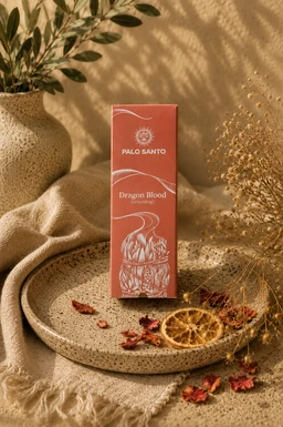 - A carved sage smudge stick rests on a wooden round slab next to a small pink box and a matching pink outer package. 
- The setup suggests a unisex audience, with earthy, natural styling and warm peach-pink packaging. 
- Notable visible attributes: bundled dried sage with a rustic brown hue, pink-taded packaging labeled “Dragon Blood” or “Dragon’s Blood,” and a small inner box, all presented on a light wood surface.