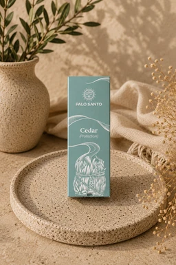 A cedar smudge stick product shown in a light teal box with white line art. The image centers the boxed item standing upright on a wooden round slice, with soft beige fabric and dried botanicals in the background, suggesting a calming, home-use ritual. Appears unisex; notable attributes include cedar wood, protective/cleansing use, and a minimalist, nature-inspired packaging design.