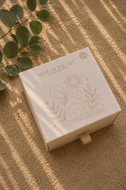 - A light beige, square keepsake box labeled “New Home Kit” sits on a textured surface with soft shadows from a plant stem and leaves. The box features delicate line-art illustrations of a sun, bowl/arc, and botanical elements, with a small pull tab at the bottom edge for opening.

- Intended audience appears unisex, based on neutral design and soft, natural styling. The visible materials emphasize a smooth cardboard box with minimalistic print, in warm, earthy tones.