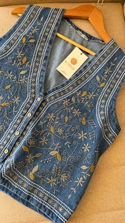 - The item is a sleeveless denim vest in a medium-blue wash, displayed on a wooden hanger. It features light-colored embroidered floral vines along the front and around the armholes, with a button-front closure and white/cream stitching accents.
- Intended audience appears to be women's apparel based on the cut and styling, with a relaxed, bohemian/folk-inspired vibe.
- Notable visible attributes: denim fabric, blue color with white stitching, gold/cream thread embroidery forming floral vines, V-neckline with a button-down front, and a decorative contrast trim along the edges. A hangtag is attached.