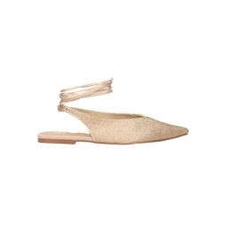 A beige espadrille-style flat with a woven upper and a soft fabric ankle wrap. Intended for women, judging by the delicate, feminine design and wrap-around ankle strap. Notable features include a neutral beige/nude color, woven textured material, and a low flat heel with a slim sole.