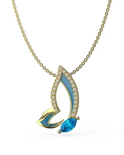 - The image shows a delicate gold-toned pendant necklace featuring a stylized butterfly design. The pendant is outlined with small clear stones and contains inlays of light blue and darker blue enamel or gemstone-like material, with an additional small blue gem set near the bottom.
- Intended audience appears unisex to feminine, judged from the dainty chain and elegant, sparkly butterfly motif. Notable attributes: gold-tone chain, butterfly-shaped pendant with enameled blue accents, clear pavé stones along the border, and a bright blue teardrop gemstone detail. Material impression: metal with diamond-like stones and blue enamel/inlay. Style: elegant, feminine jewelry suitable for formal or dressy occasions.
