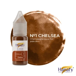 - Product: A cosmetic pigment bottle and a swatch showing a champagne brown shade. It appears to be a bottle of Henaffy (by Miras) HyperRealism №1 Chelsea pigment for pale skin, used as a makeup color. 
- Audience: Likely women (from skin-tone makeup presentation) with a unisex color option; styling suggests a beauty/wellness shopper.
- Visible attributes: Small dropper bottle labeled with a brown champagne color, swatch in a large circular brushstroke of warm champagne brown on white background; color name “№1 CHELSEA” and description “Champagne color for pale skin” with brand-like logo. Material: liquid pigment/paint for cosmetic use; color: champagne brown; style: cosmetic makeup pigment.