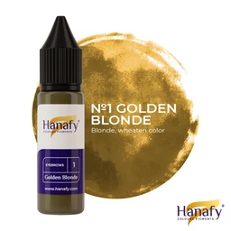 - What it is: A small bottle of hair color pigment (Hennafny Hanafy Golden Blonde) with a separate gold swatch/ink smear in the background.
- Intended audience: Appears unisex or general audience based on the styling and neutral packaging.
- Visible attributes: Olive-brown bottle with a black drop-tip cap; label shows “Golden Blonde” and “EYE BROWS” on a purple accent band, suggesting a dye/ tint product. The background features a gold-toned color swirl, indicating the golden blonde shade. Material/color/style: plastic bottle, brown/olive dye color, gold blonde shade, compact dropper-style applicator.
