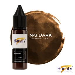 - A small dropper bottle of Hanafy hair color pigments labeled “№3 Dark” with a dark brown dye. Next to it is a large circular smear of dark brown color, illustrating the shade. 
- Target audience appears to adults (unisex), based on neutral packaging and styling. 
- Notable attributes: dark brown pigment color, bottle with black cap and label reading “Dark” and “No.3,” brand-like logo “Hanafy,” and a brown powdery/cream smear showing the color result. The style is cosmetic hair color pigment.