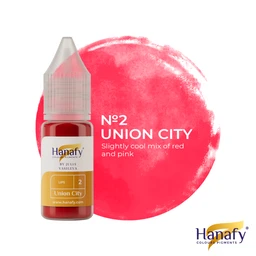 A small bottle of lip pigment with a squeeze dropper-style cap, shown next to a bright pink-red pigment splash. The label indicates “№2 Union City” with color swatch and branding visible. Audience: unisex (lip pigment suitable for all). Notable attributes: red-pink shade, slightly cool mix of red and pink, liquid pigment for lips, bottle with white label and yellow accent, clear plastic dropper top.