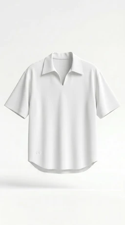A light, short-sleeve polo-style shirt in white. Appears to be a loose, relaxed fit with a classic polo collar and a small placket; no visible branding. Likely unisex or women’s sizing based on drape; fabric looks smooth and crisp, with a clean, minimalist style.