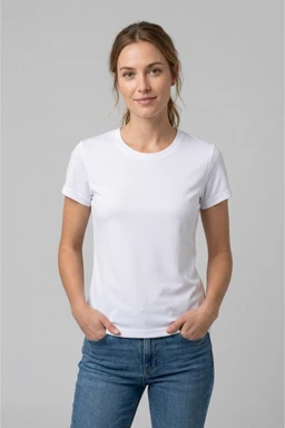 A plain white round-neck short-sleeve top. Designed for a unisex to women’s casual look, shown on a female model with a slim fit. The fabric appears lightweight jersey or cotton, with a smooth, solid white colour and a classic basic tee silhouette.