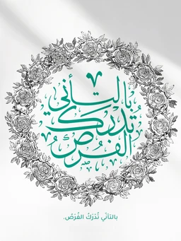 - What it is: A decorative Arabic calligraphy art print featuring intricate floral border framing turquoise Arabic script, centered on a white background.
- Intended audience: Unisex, suitable for adults given the elegant, formal styling.
- Notable attributes: Floral grayscale wreath border, teal/green Arabic calligraphy, minimal shadow on white backdrop, small line of text beneath the script. No branding visible.