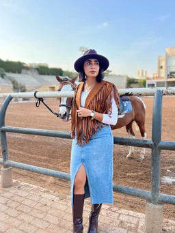 - A western fringed brown vest worn over a light long-sleeve top, styled with a wide-brim hat and blue denim skirt with a front slit. The model sits by a railing with a horse in a ranch-like setting, suggesting a Western/country aesthetic. Visible materials include suede-like fringe detailing on the vest and a denim skirt, with brown knee-high boots completing the look. Intended audience appears to be women's wear, with a boho-Western vibe.