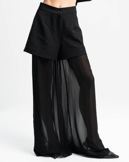 A pair of black, high-waisted shorts with a hidden front closure. The look is layered over sheer, wide-leg mesh overlay pants, creating a dramatic two-tone silhouette with a bold, fashion-forward vibe. Material appears to mix solid woven fabric on top with airy, chiffon-like sheer panels for the legs, all in black. Intended audience appears to be women, with a modern, avant-garde streetwear aesthetic.