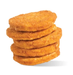 A stack of breaded chicken patties, deep-fried to a golden-brown crust. Appears to be a ready-to-cook or ready-to-assemble meat product, likely intended for burgers or sandwiches. No branding visible; color is golden-orange with a crisp, uniform breadcrumb coating and meat-like round patty shape. Audience: unisex (suitable for both men and women). Notable attributes: chicken, breaded coating, fried texture, round patty form, quantity shown (approximately 1 kg package implied).