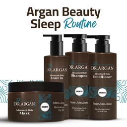 This is a set of hair care products from Dr. Argan, featuring a leave-in treatment, shampoo, conditioner, and a hair mask. The packaging is brown with black pump bottles and a smaller jar for the mask, suggesting a unisex audience; the visible labels emphasize “Advanced Hair” and a blue circular motif. Notable attributes include a brown color scheme, pump dispensers for the liquids, and a mask in a wide container, with a focus on rich, moisturizing hair care.