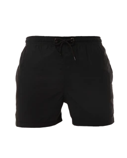 A pair of black swim shorts with an elastic waistband and a drawstring for adjustable fit. The cut is classic and short-length, suitable for casual beach or poolside wear on men. Notable features visible include the smooth, solid black fabric and a simple, minimalist style without visible branding.
