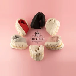 These are a set of slip-on sneakers arranged in a circular pattern on a pink background. They appear to be children's or unisex casual shoes, featuring chunky, grid-patterned rubber outsoles and soft fabric uppers in multiple pastel and neutral colors (cream, beige, light pink, gray) along with a black pair. The visible materials suggest a cushioned fabric upper with a sturdy, textured sole; colors include cream, light gray, pale pink, red lining, and a black option. The style is chunky-sole, casual sneakers suitable for everyday wear.