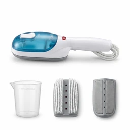 This is a compact handheld garment steamer with a white and blue body and a connected power cord. It appears aimed at adults (unisex) for home use, featuring a translucent water tank, a small intake nozzle, and two detachable fabric steam/brush attachments—one with bristles and one with a textured smoothing surface—plus a clear measuring cup for water. Materials visible include plastic (white and blue) and metal/bristle components in the attachments; the overall style is a portable, pocketable steam iron alternative.