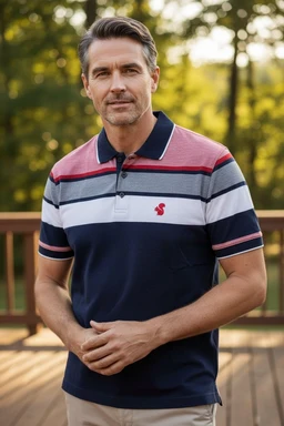 - Product: A polo shirt (تيشيرت بولو) with classic knit/embroidered detail. It’s modeled by a man in an outdoor setting.
- Audience and styling: Men's polo shirt, short sleeves, suitable for casual or smart-casual wear. The model’s pose and setting suggest a masculine, contemporary style.
- Visible material, color, and features: Color-block design with navy blue body, light gray and pink stripes on the chest and shoulders, navy collar with pink edging, and a small embroidered logo on the left chest. The fabric appears to be a smooth cotton-pique knit.