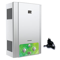 - What the product is: A compact wall-mounted or under-sink gas or water heater/unit with a metal silver cabinet and a green control panel featuring three knobs. It includes a power cord with plug shown beside the unit.

- Apparent audience: Unisex (intended for general home use; styling is neutral, suitable for both men and women).

- Notable attributes visible: Stainless/silver metal exterior, vertical vent slots on the sides, a green front control panel with three dials, and a small digital/indicator display area. There is an electrical power adapter shown separately. No branding beyond a generic emblem is visible.