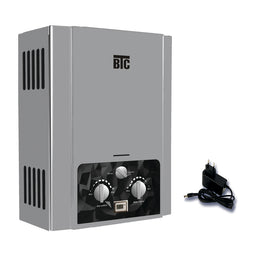 - What it is: A compact wall-mount or freestanding gas/boiler-like heater or mini dehydrator unit with a front control panel and three knobs. The included power adapter suggests it’s an electrically powered appliance.
- Intended audience: Unisex (appears suitable for general home use by adults).
- Notable attributes: Silver-grey metal casing, black front control panel with three silver-knob dials, vent openings on the side, small rectangular display or indicator window on the front. Includes a separate power adapter. No visible branding beyond a “BTC”-style mark on the front.