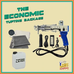 - What the product is: A TUFTING machine kit labeled “The Economic Tufting Package,” shown with a handheld needle-tearing device and accessories.
- Apparent audience: Unisex (suitable for both men and women) judging from the compact, workshop-style setup and instructional vibe.
- Notable attributes: Shows a blue-and-silver tufting gun, power cord, control box, a white container labeled “TUFTING LATEX,” a folded fabric or felt piece, a roll of material, and a small pouch or bottle; color palette includes teal lettering, gray fabric, black cords, and a light beige background. The layout resembles a starter tufts kit with multiple components laid out for demonstration.