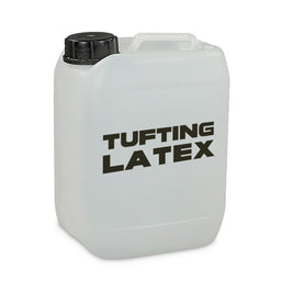 A large white plastic jerrycan labeled “TUFTING LATEX,” containing liquid latex for tufting projects. Intended audience appears generic for crafters or hobbyists (unisex), inferred from utilitarian packaging and industrial-style container. Notable attributes: clear white container with a black screw cap, bold black print, capacity suggested by 3 kilogram reference in the title, and a simple, functional design suitable for bulk liquid storage.