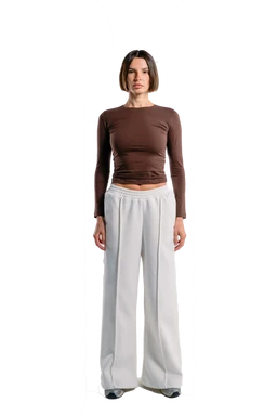 - What it is: A long-sleeve crop top in a solid coffee bean/brown color paired with wide-leg light gray pants. The top is fitted with a round neckline and sits above the waist; the pants have a relaxed, draped silhouette.
- Audience and styling cues: Appears designed for women, with a casual, minimalist athleisure vibe suitable for everyday wear.
- Notable materials and attributes: The top looks like a stretchy, knit fabric in a matte finish; the pants resemble a soft, possibly fleece or jersey-like fabric in a light gray. Overall color palette is brown top with light gray bottoms and a simple, clean line.